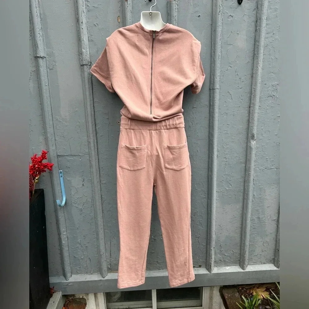 Pistola Clarisse French  Terry Shoulder Pleat Jumpsuit in Cameo Pink, size XS - Picture 10 of 14